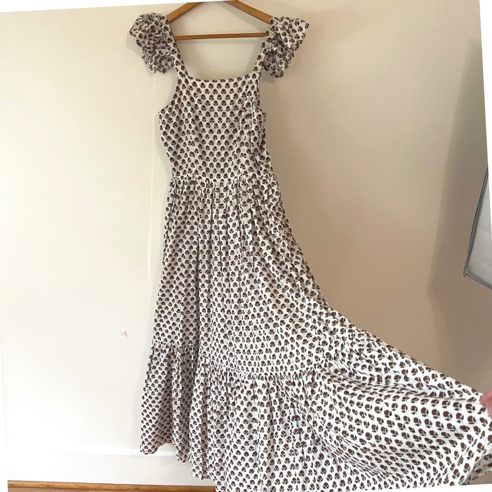 Daughters of India Manjari Maxi Dress Brown Floral Cotton Ruffle Sleeve Small